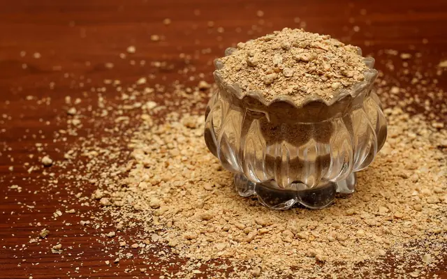 High-protein soybean meal in a glass bowl